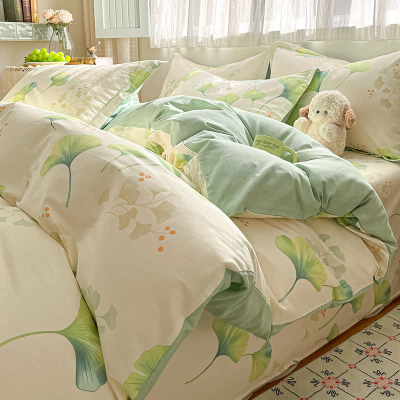 Ownkoti Fresh Green Ginkgo Leaf Cotton Bedding Set(4PCS) - Bedding Set - King - image 0