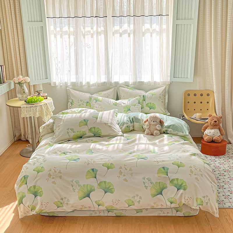 Ownkoti Fresh Green Ginkgo Leaf Cotton Bedding Set(4PCS) - image 1