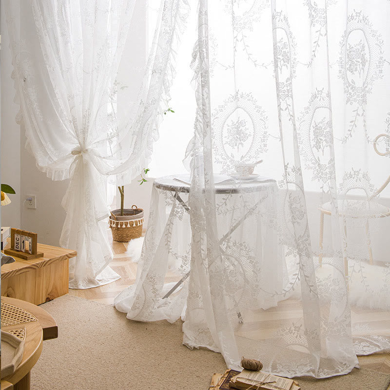 Cottage Lace Sheer Curtain with Ruffle Trim