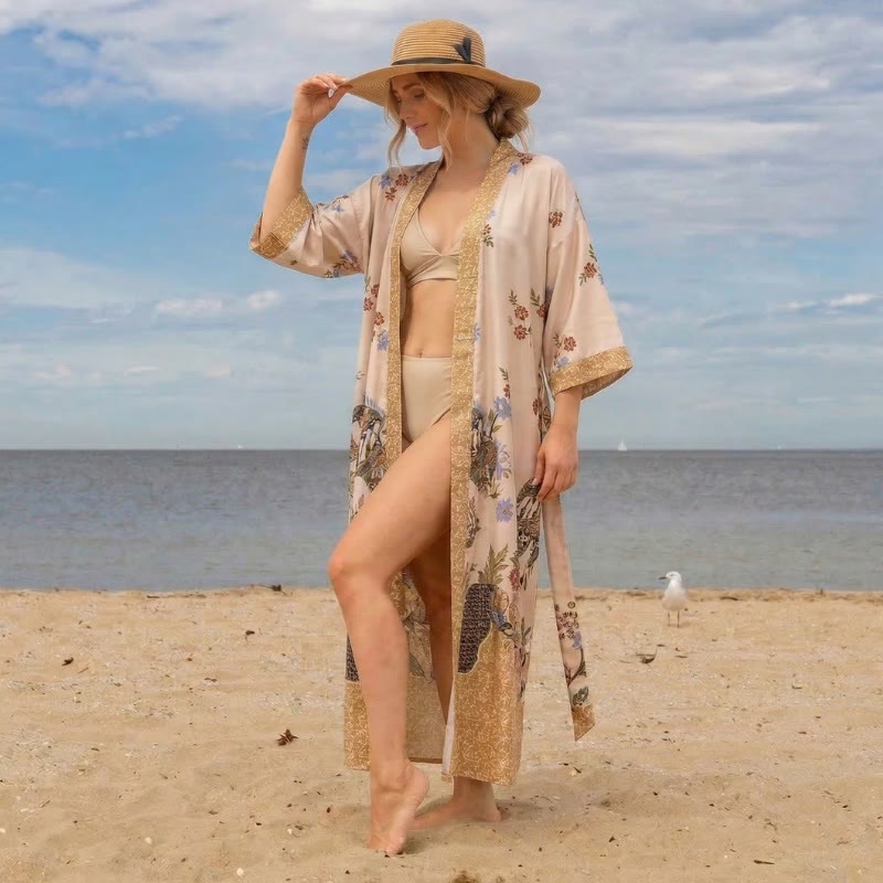Oriental Floral Bird Kimono Style Bathrobe