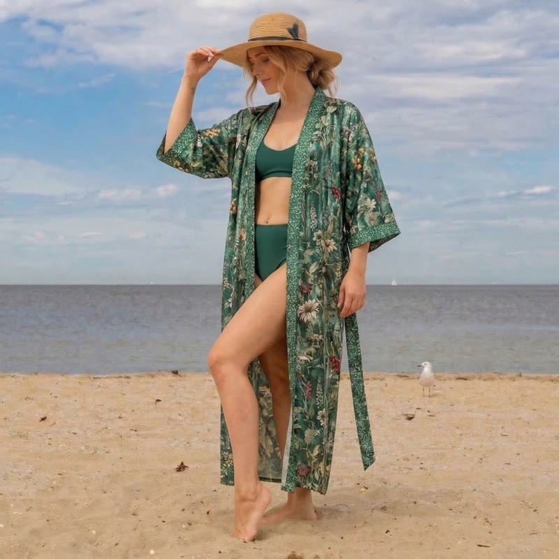 Green Botanical Floral Kimono Style Bathrobe