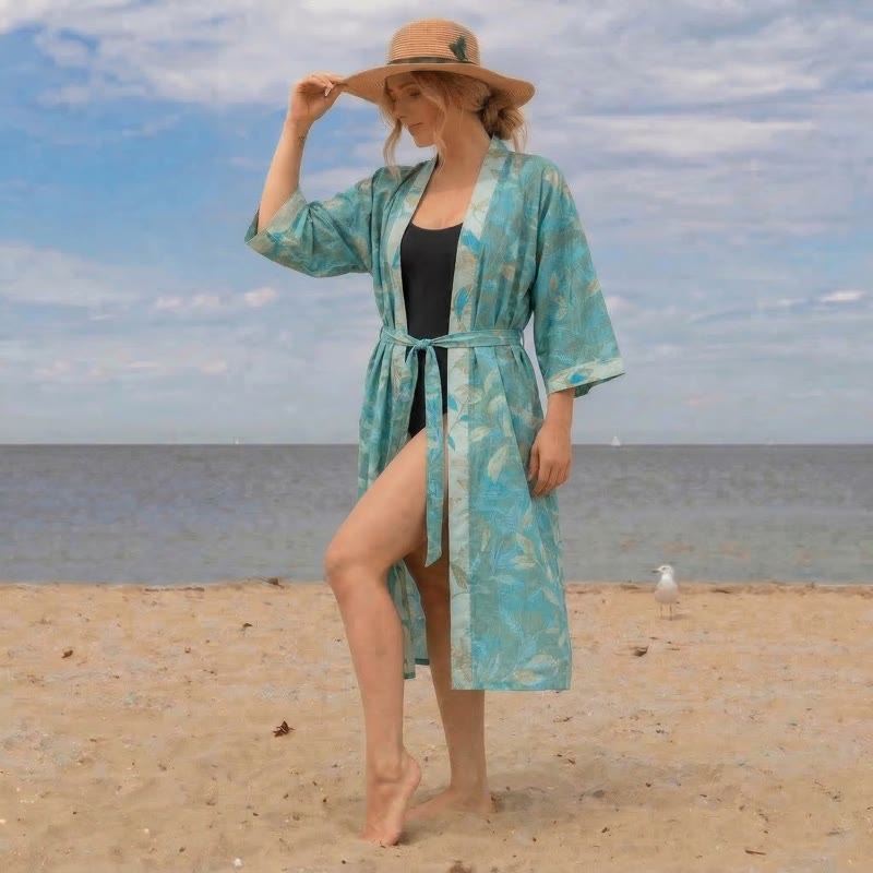 Natural Leaf Cotton Gauze Kimono Robe