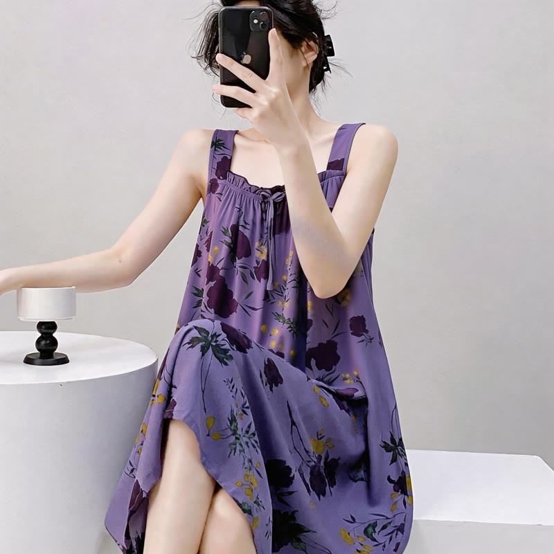 Purple Floral Print Sleeveless Nightgown