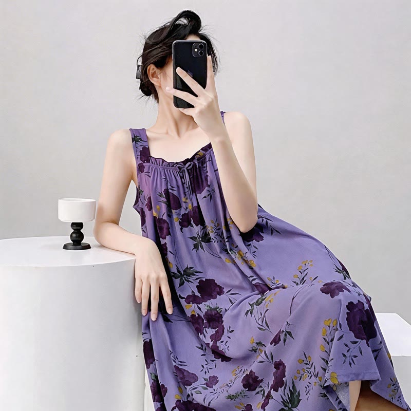 Purple Floral Print Sleeveless Nightgown