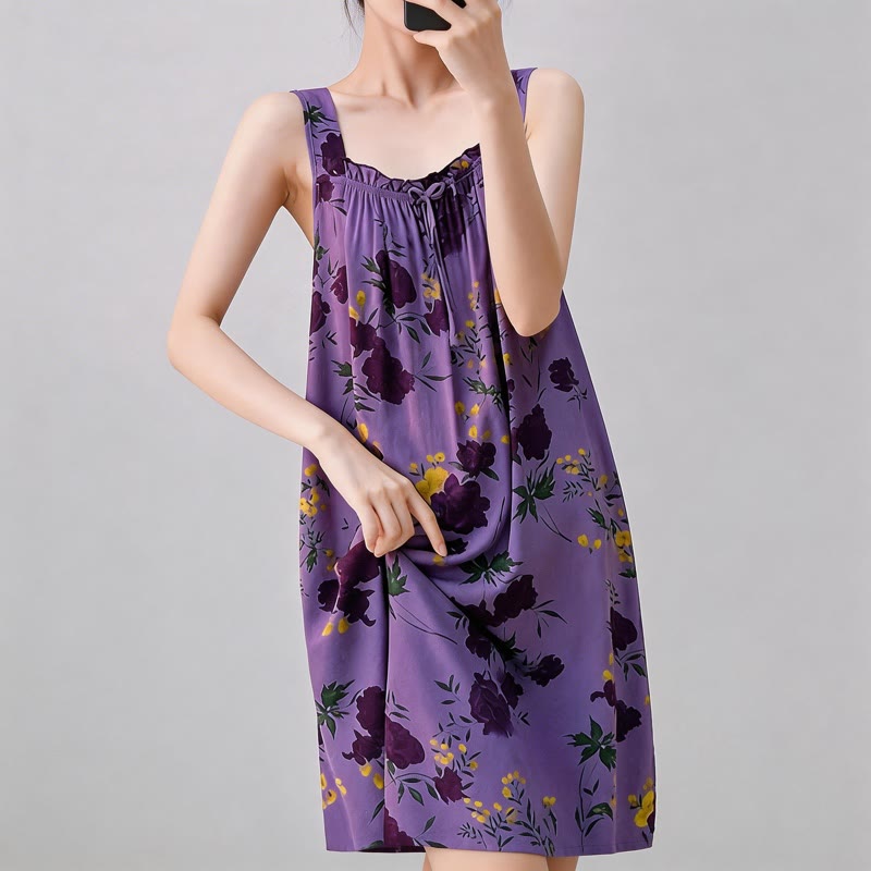 Purple Floral Print Sleeveless Nightgown