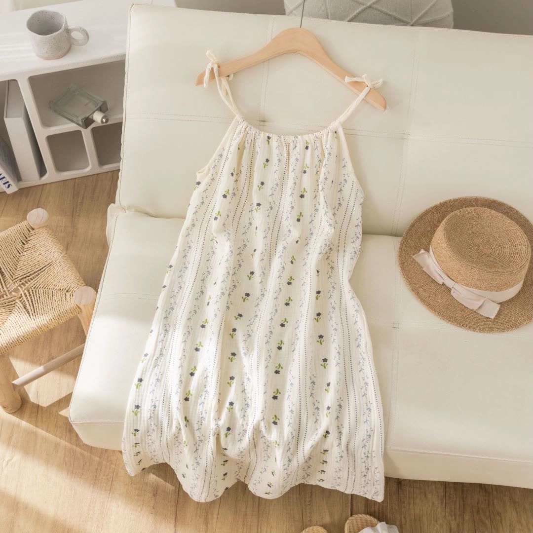 Striped Floral Cotton Gauze Camisole Nightgown