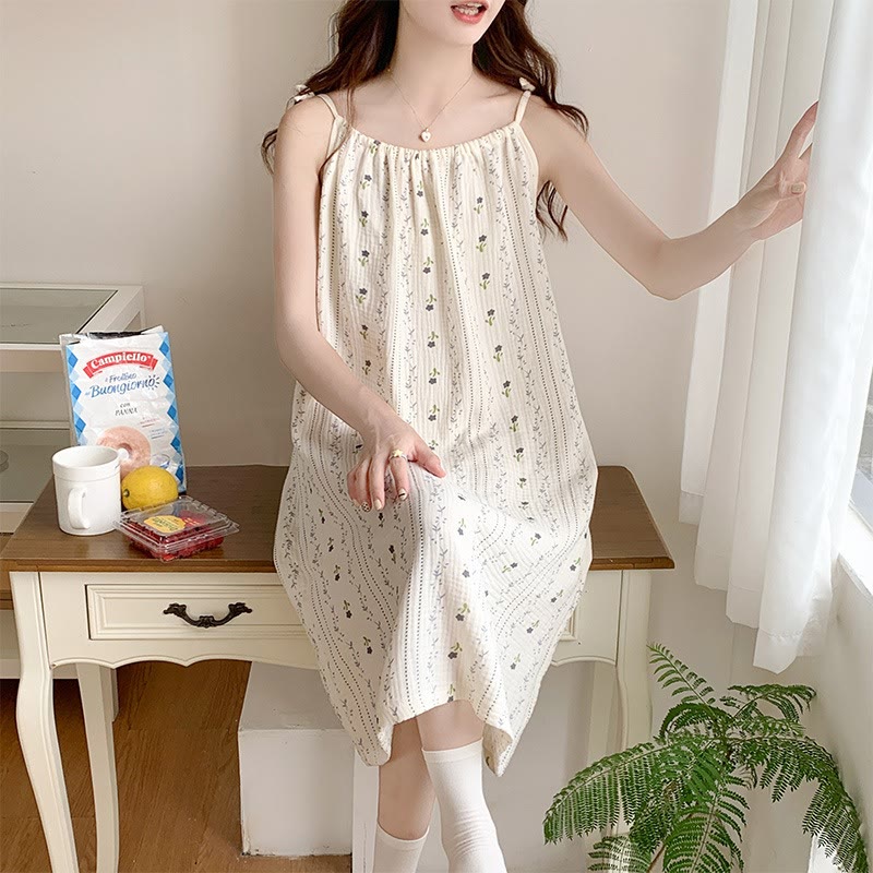 Striped Floral Cotton Gauze Camisole Nightgown