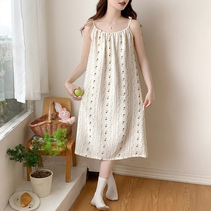 Striped Floral Cotton Gauze Camisole Nightgown
