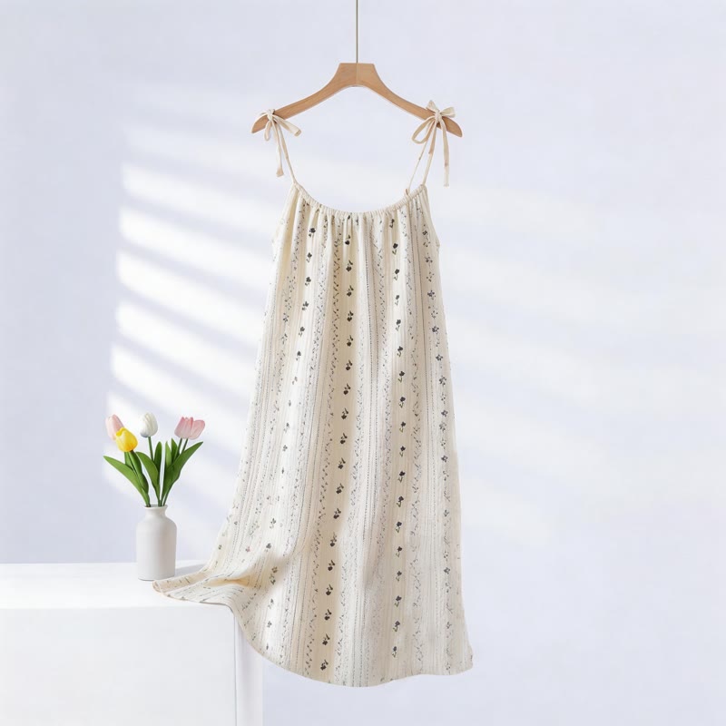Striped Floral Cotton Gauze Camisole Nightgown