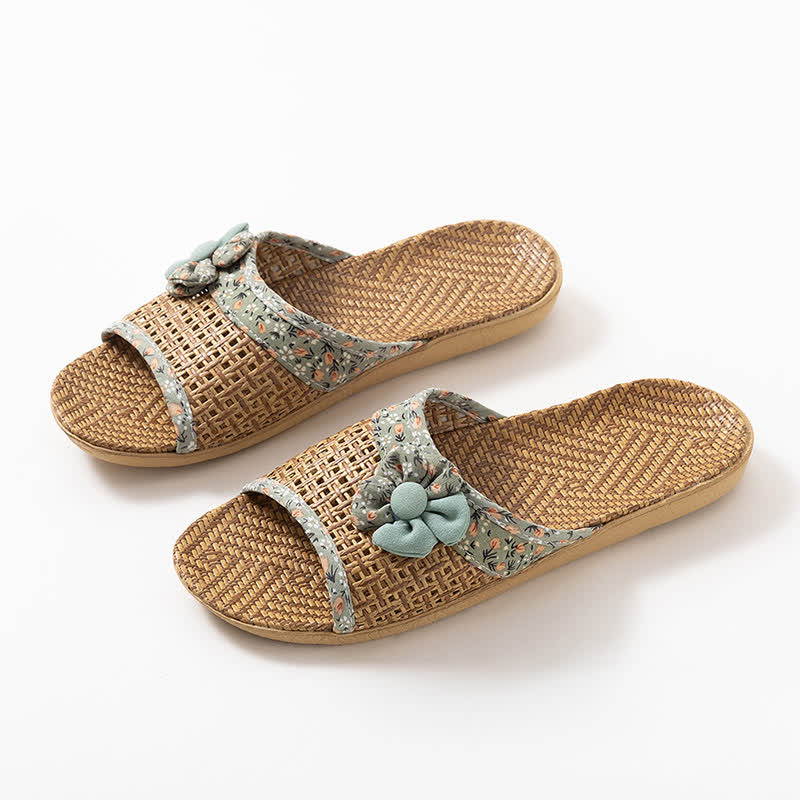 Floral Rattan Straw Slides House Slippers