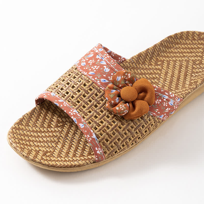 Floral Rattan Straw Slides House Slippers