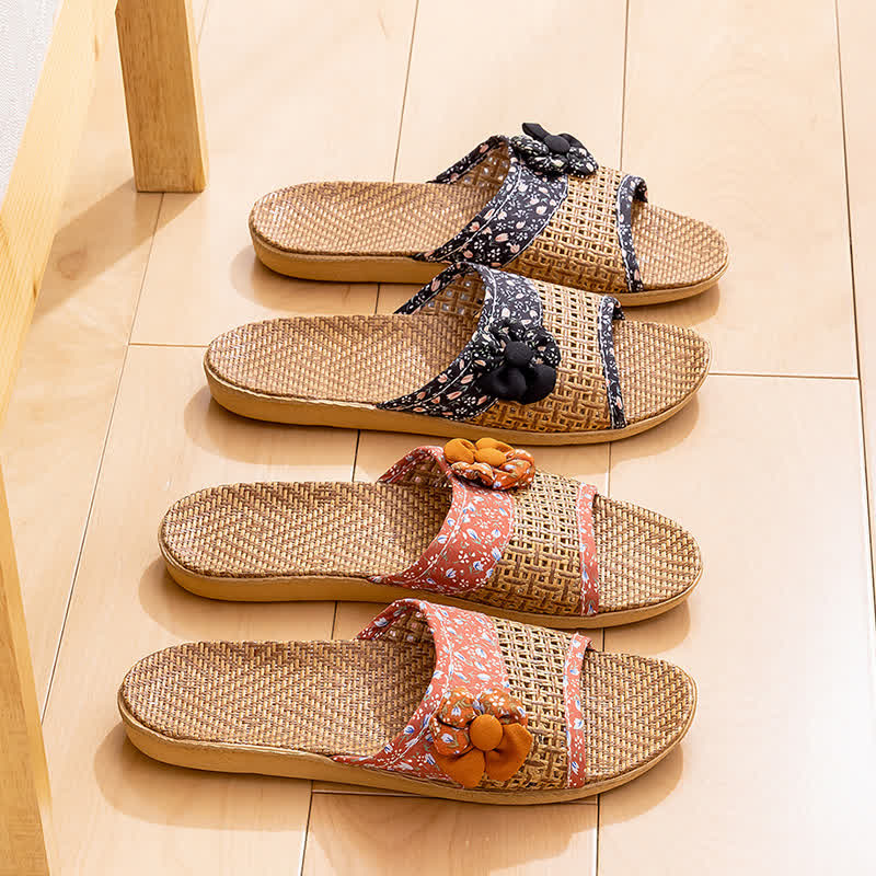 Floral Rattan Straw Slides House Slippers