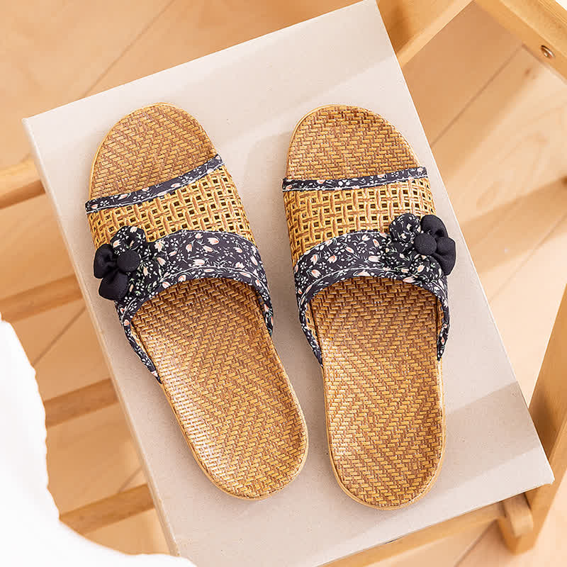 Floral Rattan Straw Slides House Slippers