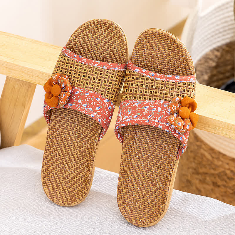 Floral Rattan Straw Slides House Slippers