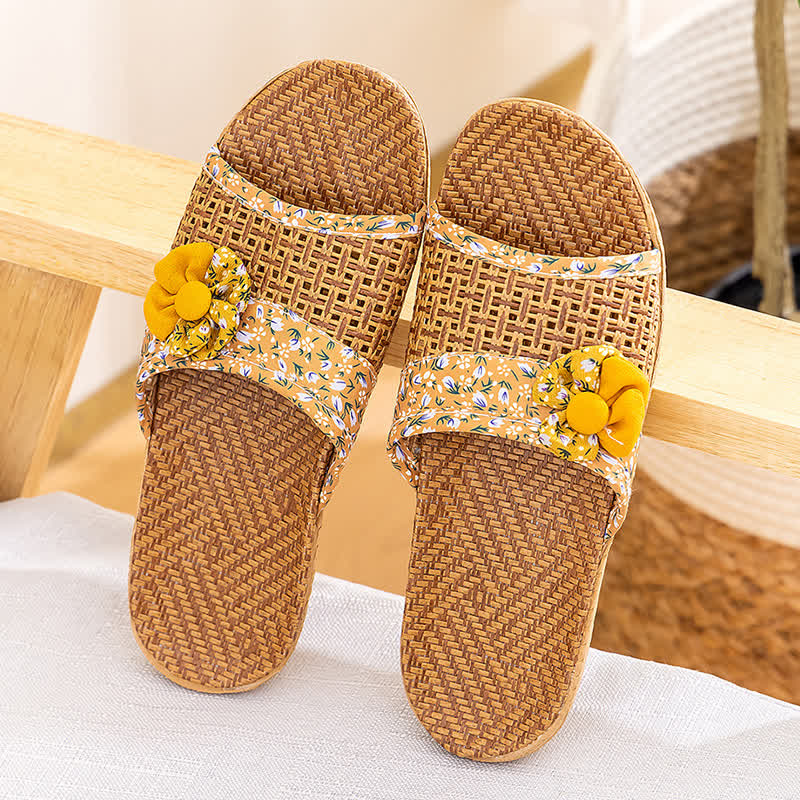 Floral Rattan Straw Slides House Slippers