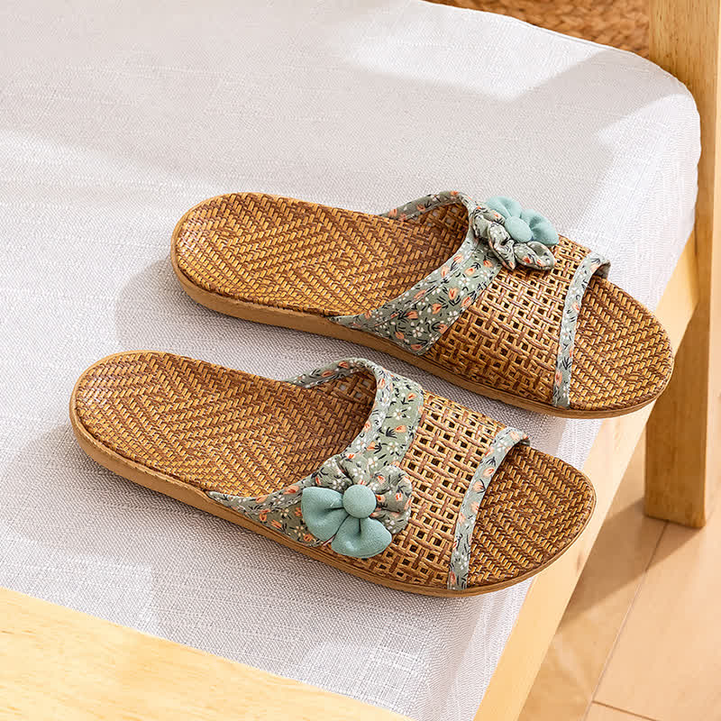 Floral Rattan Straw Slides House Slippers