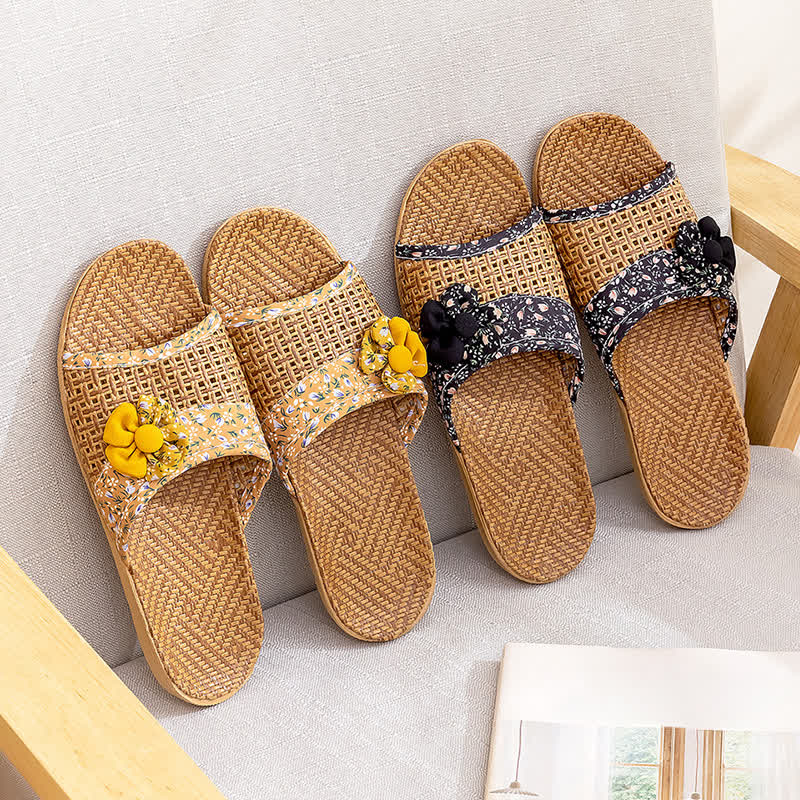 Floral Rattan Straw Slides House Slippers