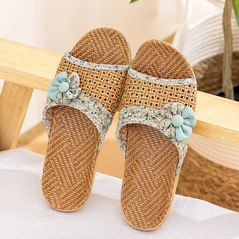 Floral Rattan Straw Slides House Slippers