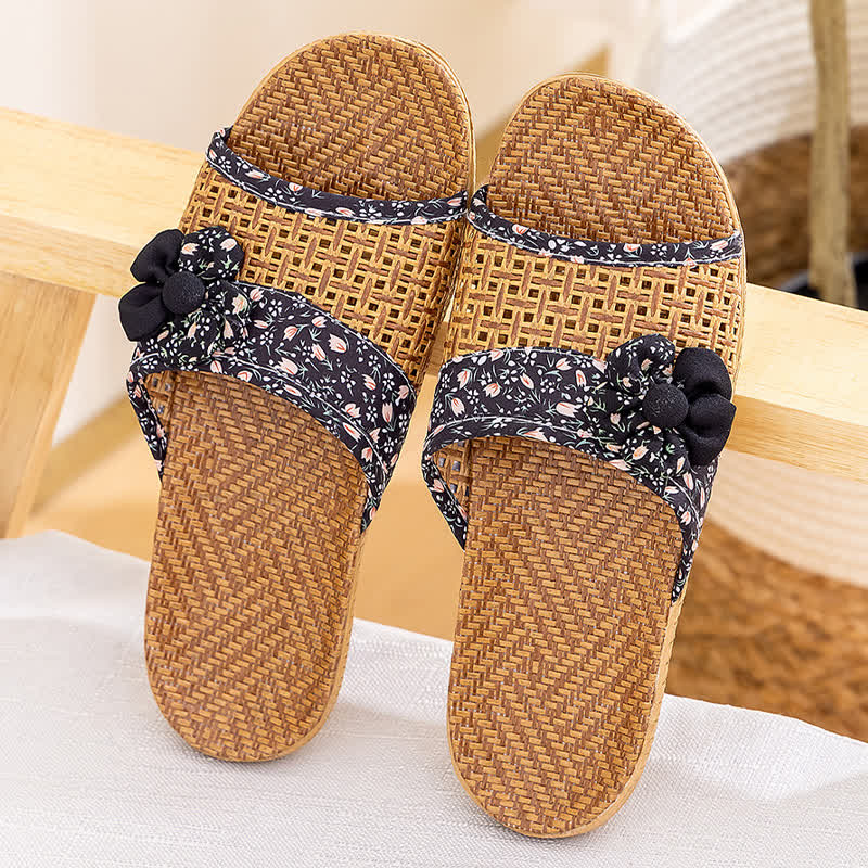 Floral Rattan Straw Slides House Slippers