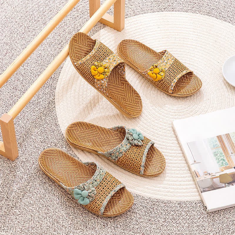 Floral Rattan Straw Slides House Slippers