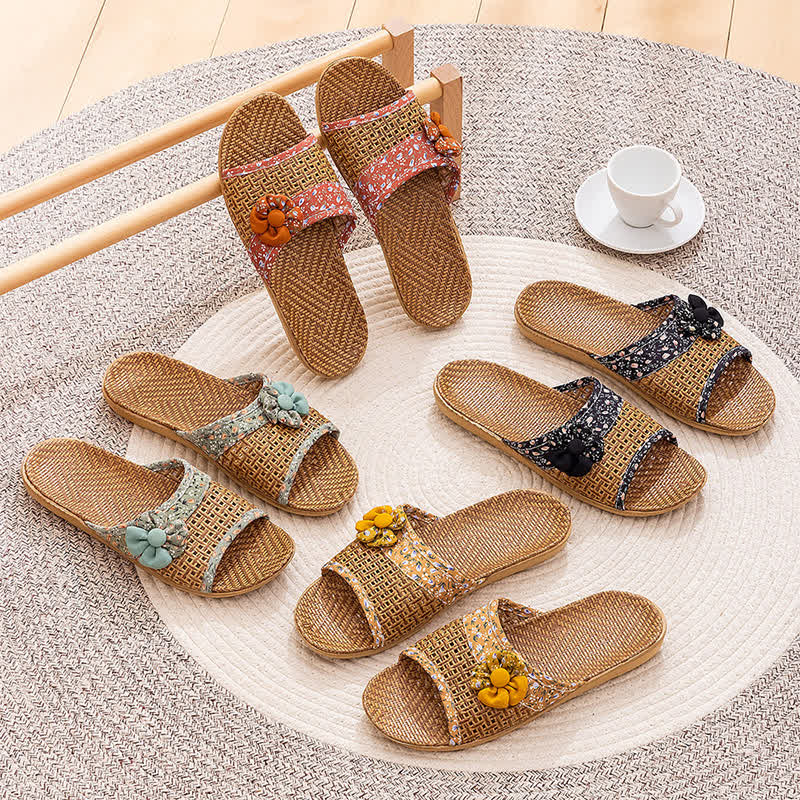 Floral Rattan Straw Slides House Slippers