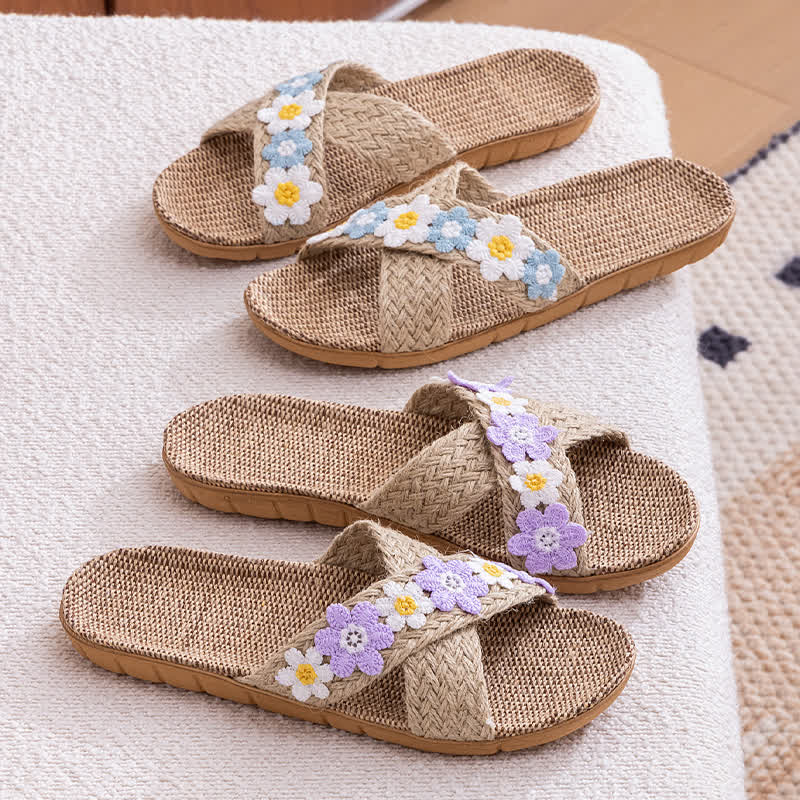 Cross-Band Woven Straw Slides Slippers