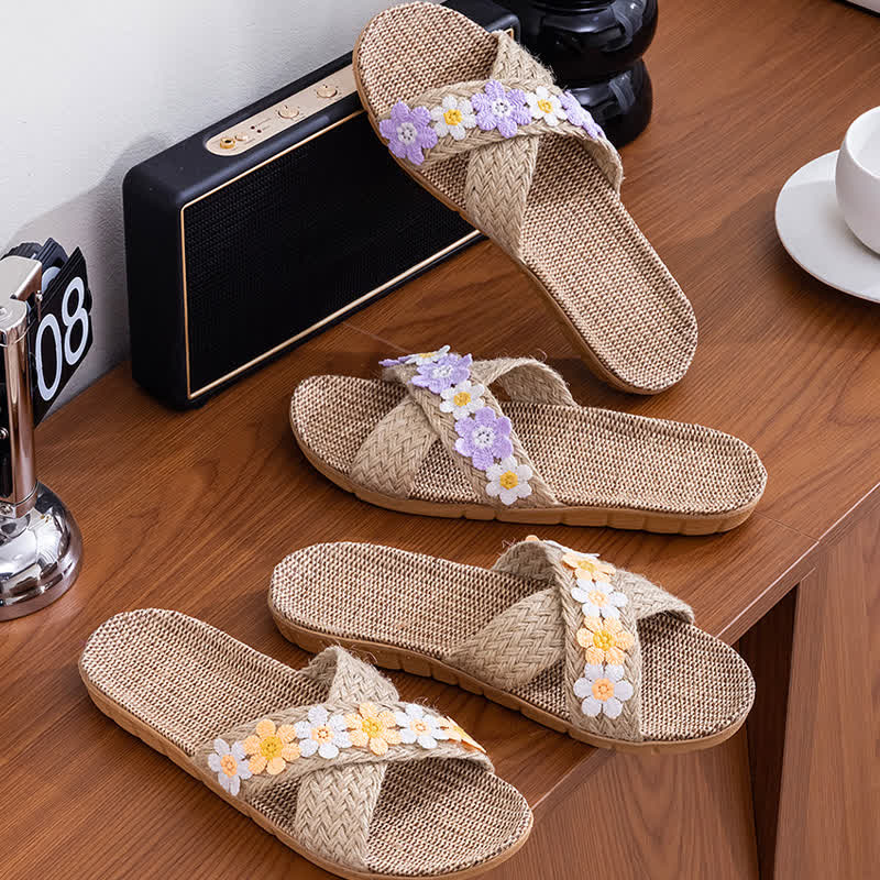Cross-Band Woven Straw Slides Slippers