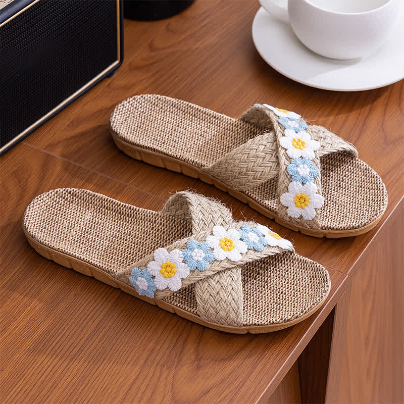 Cross-Band Woven Straw Slides Slippers