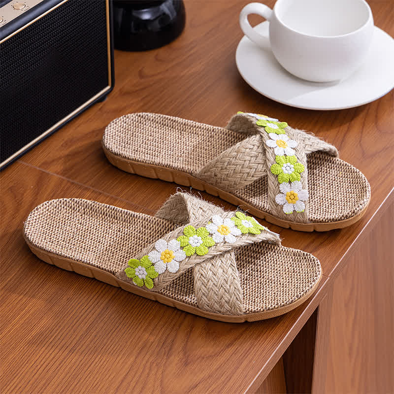 Cross-Band Woven Straw Slides Slippers