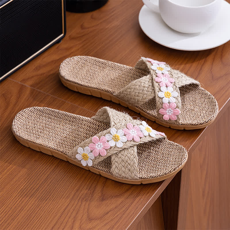 Cross-Band Woven Straw Slides Slippers