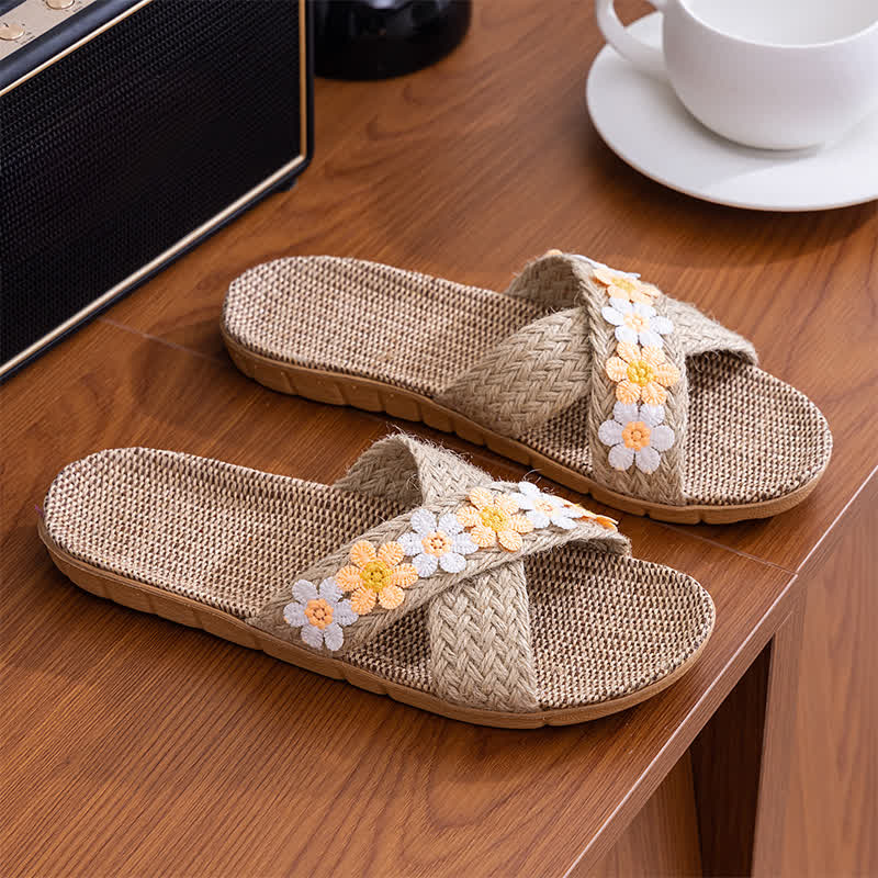 Cross-Band Woven Straw Slides Slippers