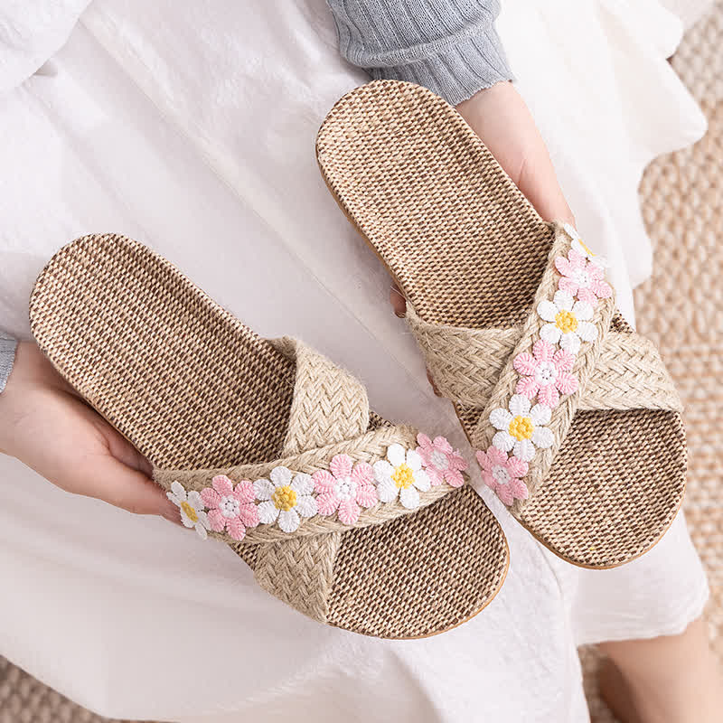 Cross-Band Woven Straw Slides Slippers