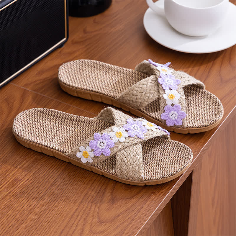 Cross-Band Woven Straw Slides Slippers