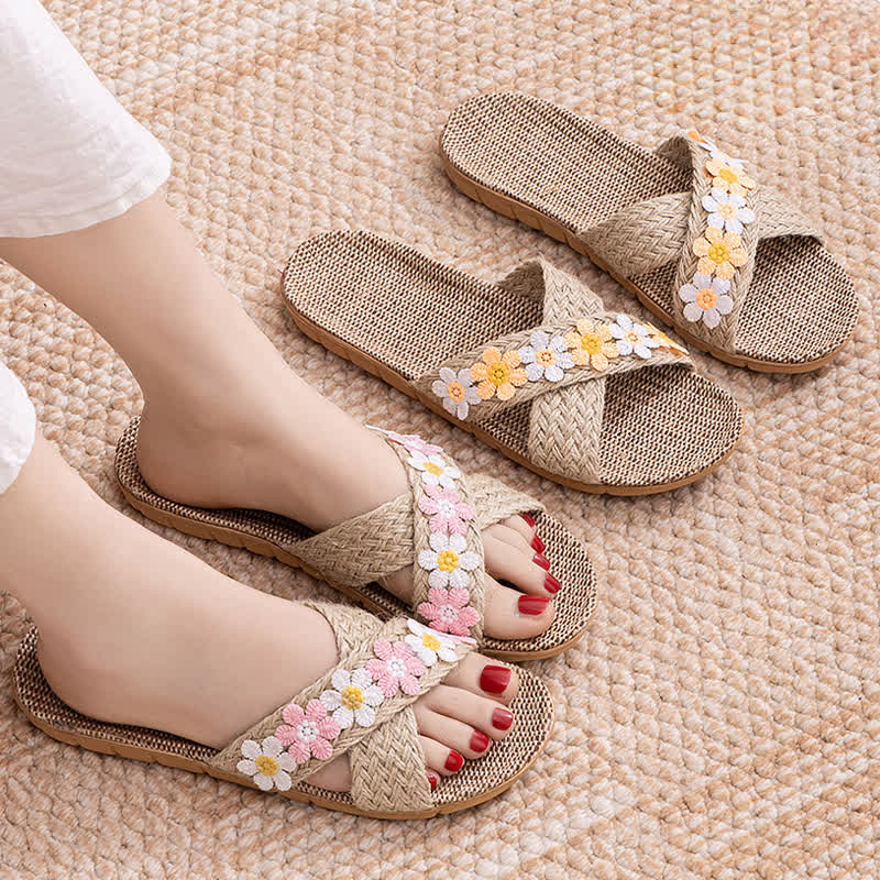 Cross-Band Woven Straw Slides Slippers