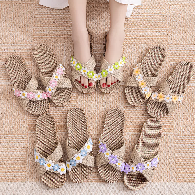 Cross-Band Woven Straw Slides Slippers