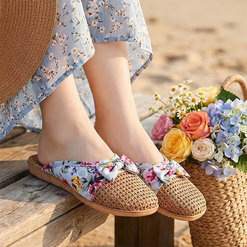 Closed-Toe Woven Rattan House Slippers