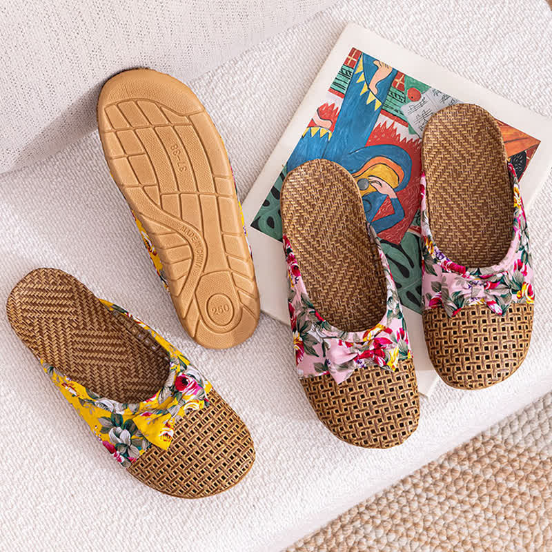 Closed-Toe Woven Rattan House Slippers