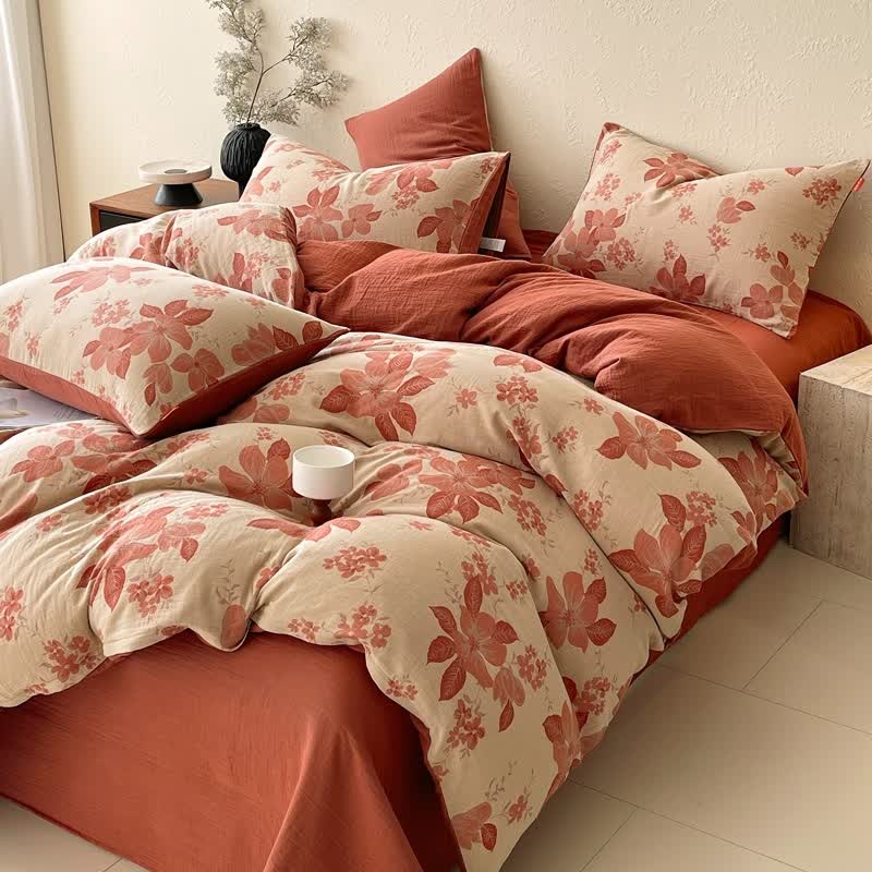 Ownkoti Floral Leaf Cotton Double Gauze Bedding Set(4PCS) - image 3