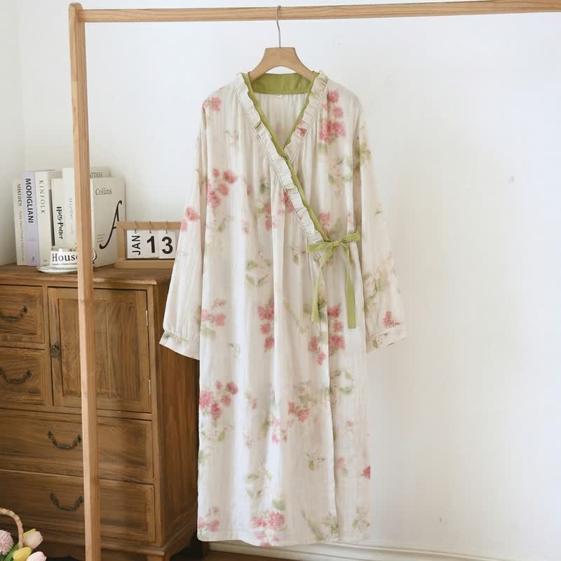 Watercolor Floral Cotton Gauze Kimono Nightgown