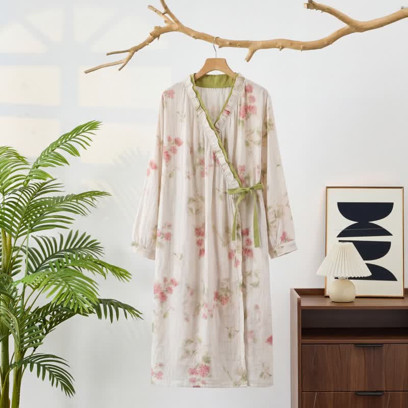 Watercolor Floral Cotton Gauze Kimono Nightgown