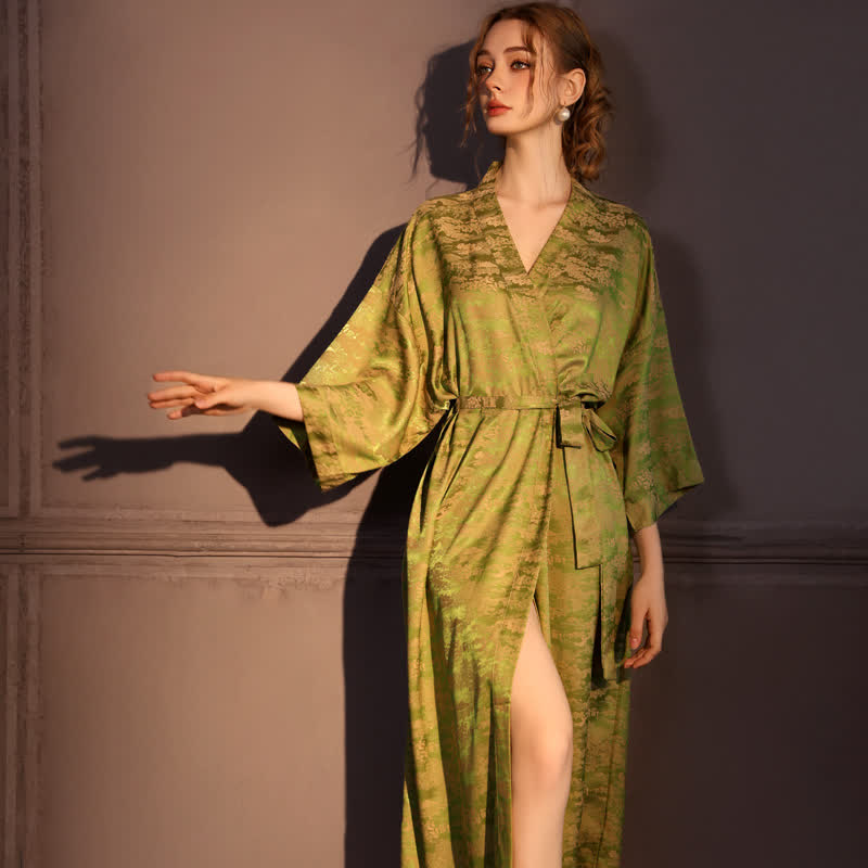 Ownkoti Subtle Vintage Pattern 3/4 Sleeve Robe - Green - Plus Size - image 0
