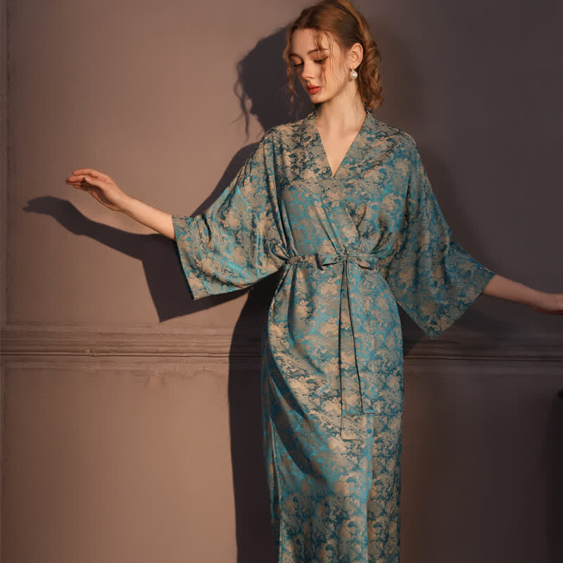 Ownkoti Vintage Pattern 3/4 Sleeve Kimono Robe - Teal - Plus Size - image 0