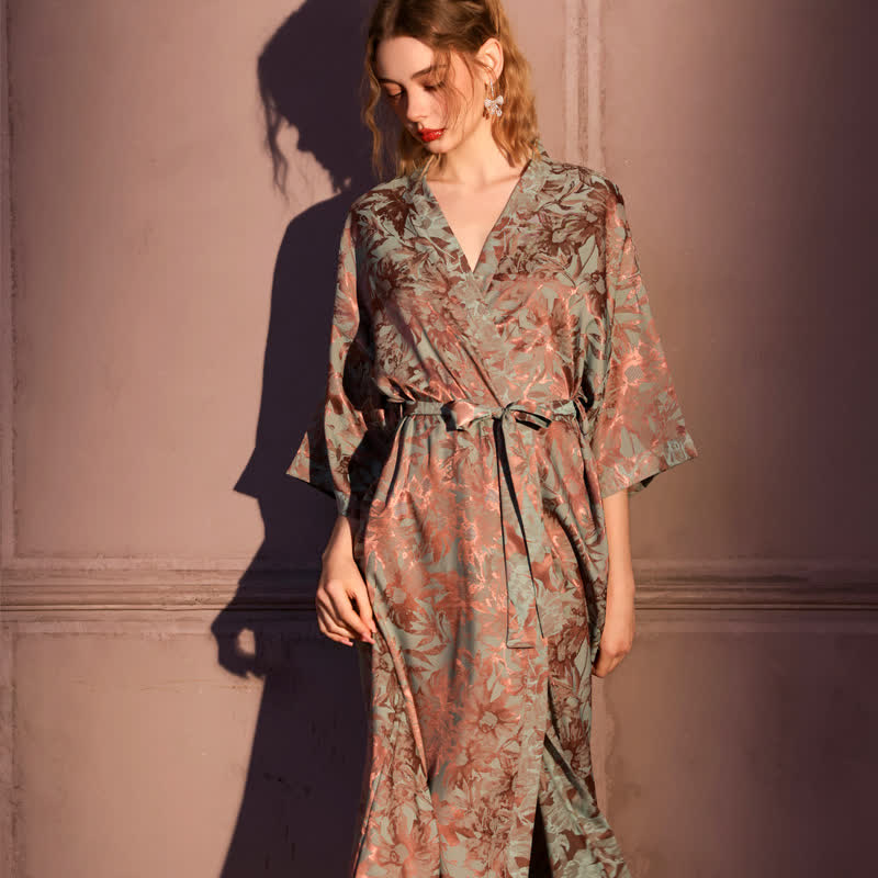 Ownkoti Artistc Floral Inspired 3/4 Sleeve Robe - Red & Green - Plus Size - image 0