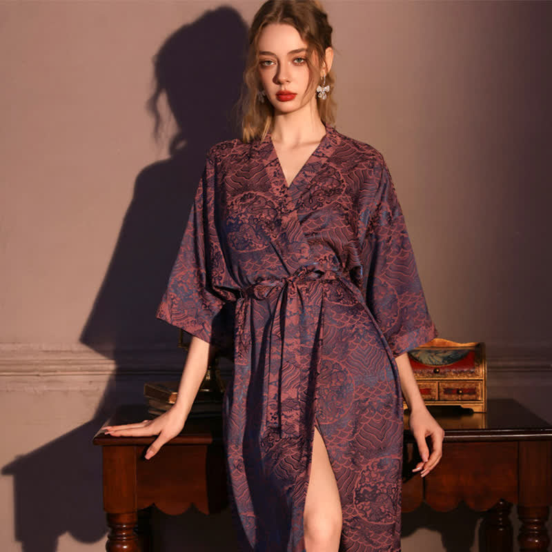 Ownkoti Abstract Pattern 3/4 Sleeve Robe - Burgundy - Plus Size - image 0