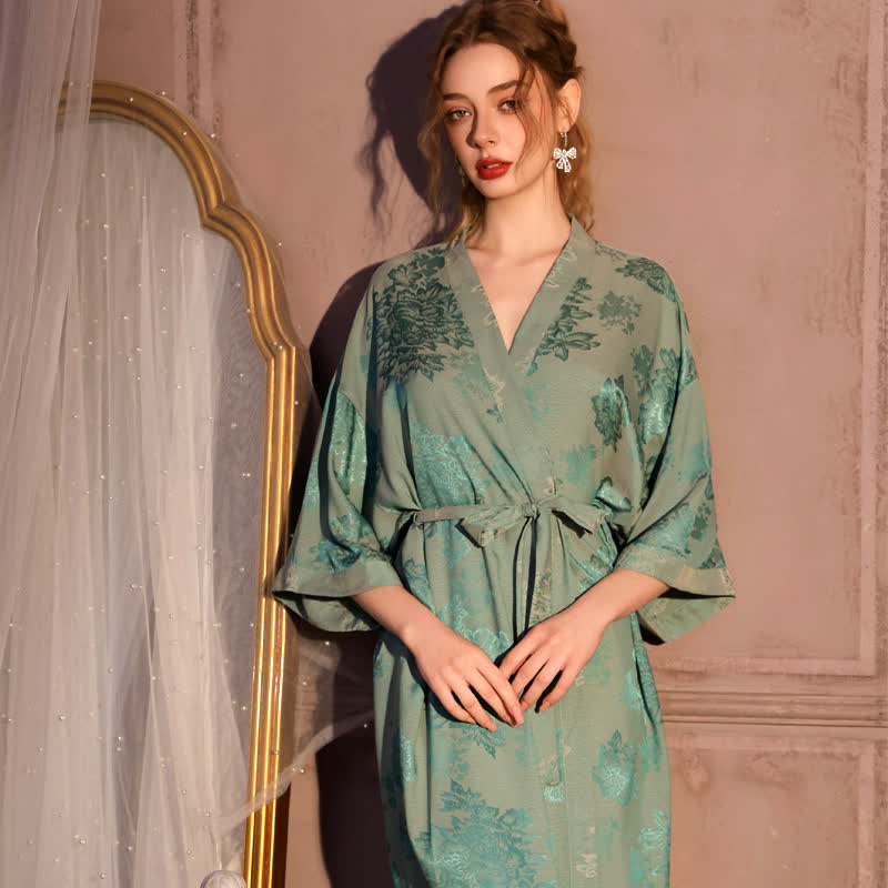 Ownkoti Luxury Floral 3/4 Sleeve Kimono Robe - Green - Plus Size - image 0