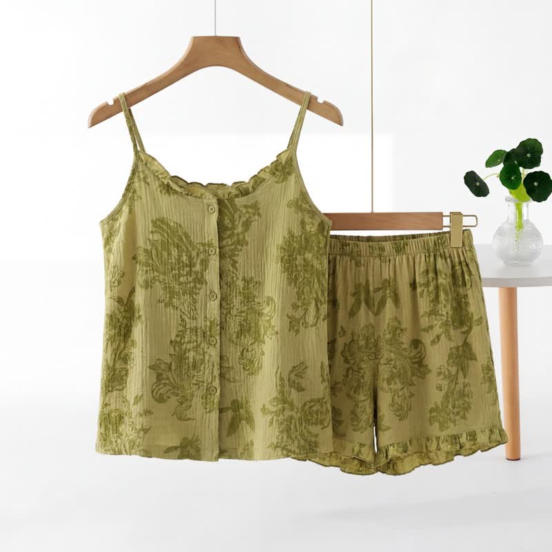 Vintage Green Leaf Sleeveless Pajama Set