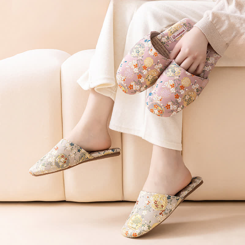 Chinoiserie Embroidered Satin House Slippers
