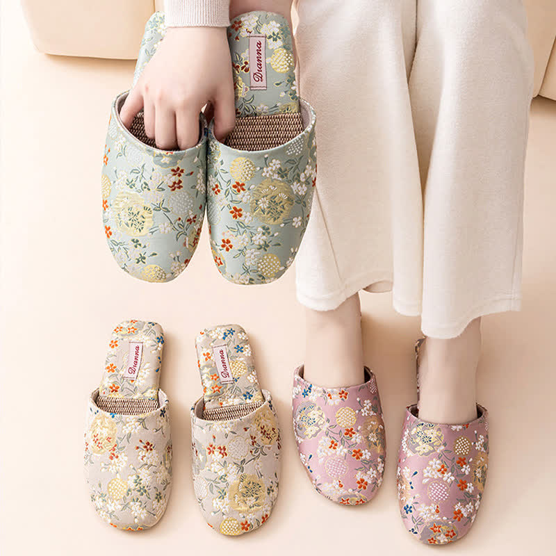 Chinoiserie Embroidered Satin House Slippers