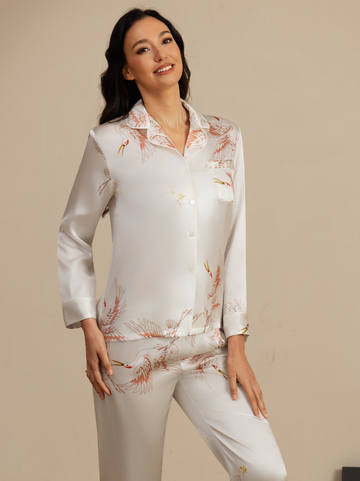 19Momme Women's Pure Silk Crane Print Long Sleeve Pajamas Set
