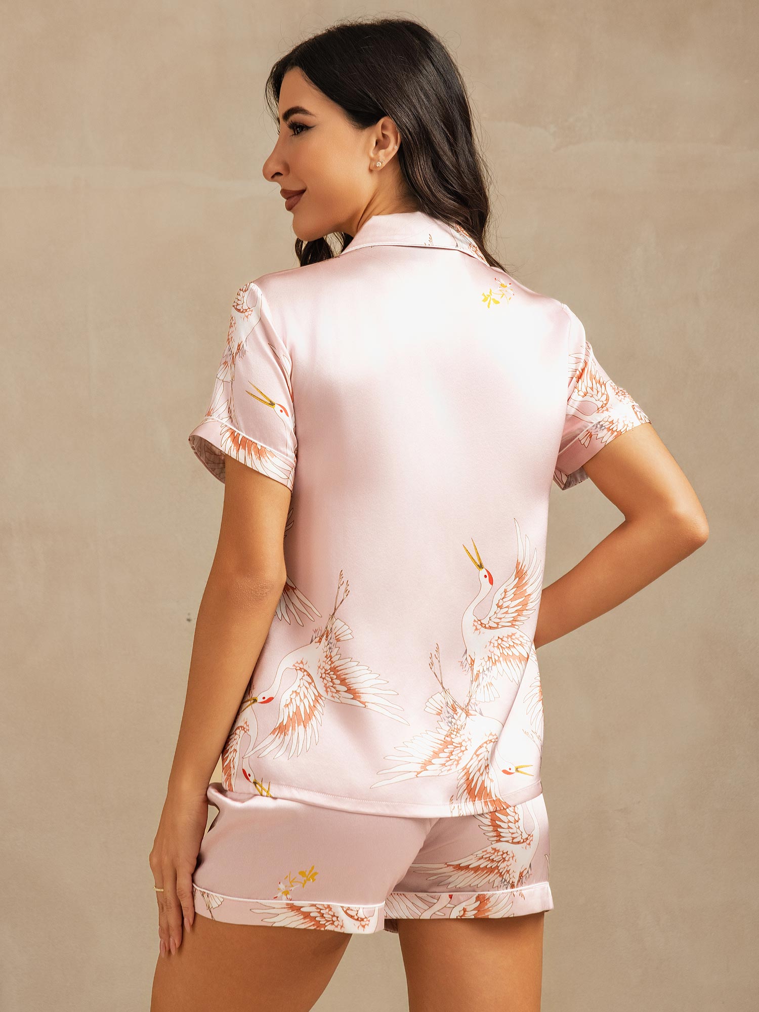 19Momme Women's Pure Silk Crane Print Short Sleeve Pajamas Set